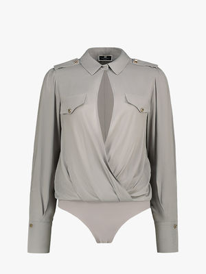 Crossover bodysuit-style blouse with light gold buttons