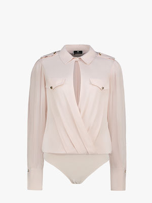 Crossover bodysuit-style blouse with light gold buttons
